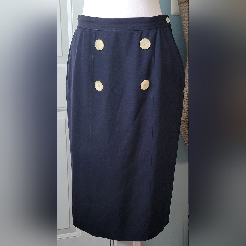 Vintg Valentino Miss V Tailored Pencil Skirt Womens US 6-8 Navy 100% Wool Nautic - Picture 2 of 13